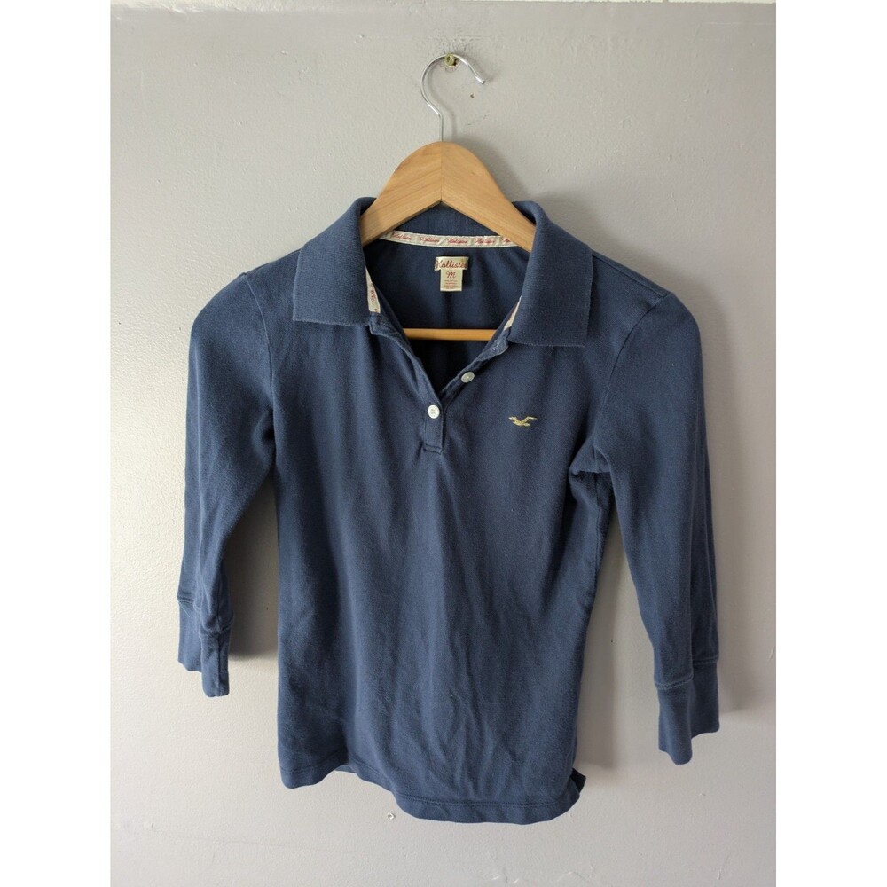 Hollister polo 3/4 Sleeve shirt blue Y2K, medium, 2000s